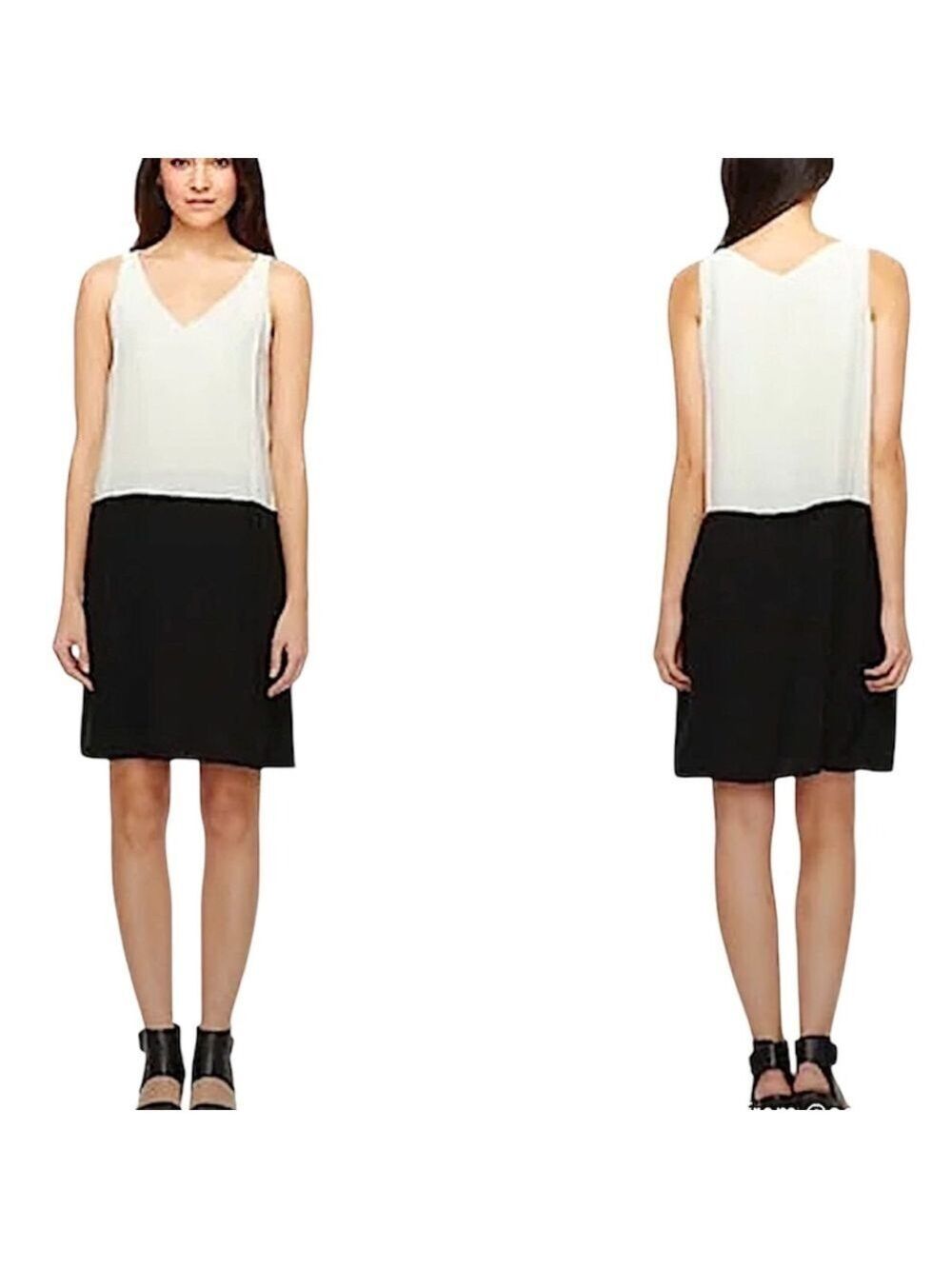 Eileen Fisher pure silk beige black colour block boxy sleeveless shift dress XS